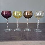 4 colored crystal wine glasses with twisted stems