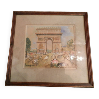 Watercolor under glass signed Lucien Genin "The Arc de Triomphe"
