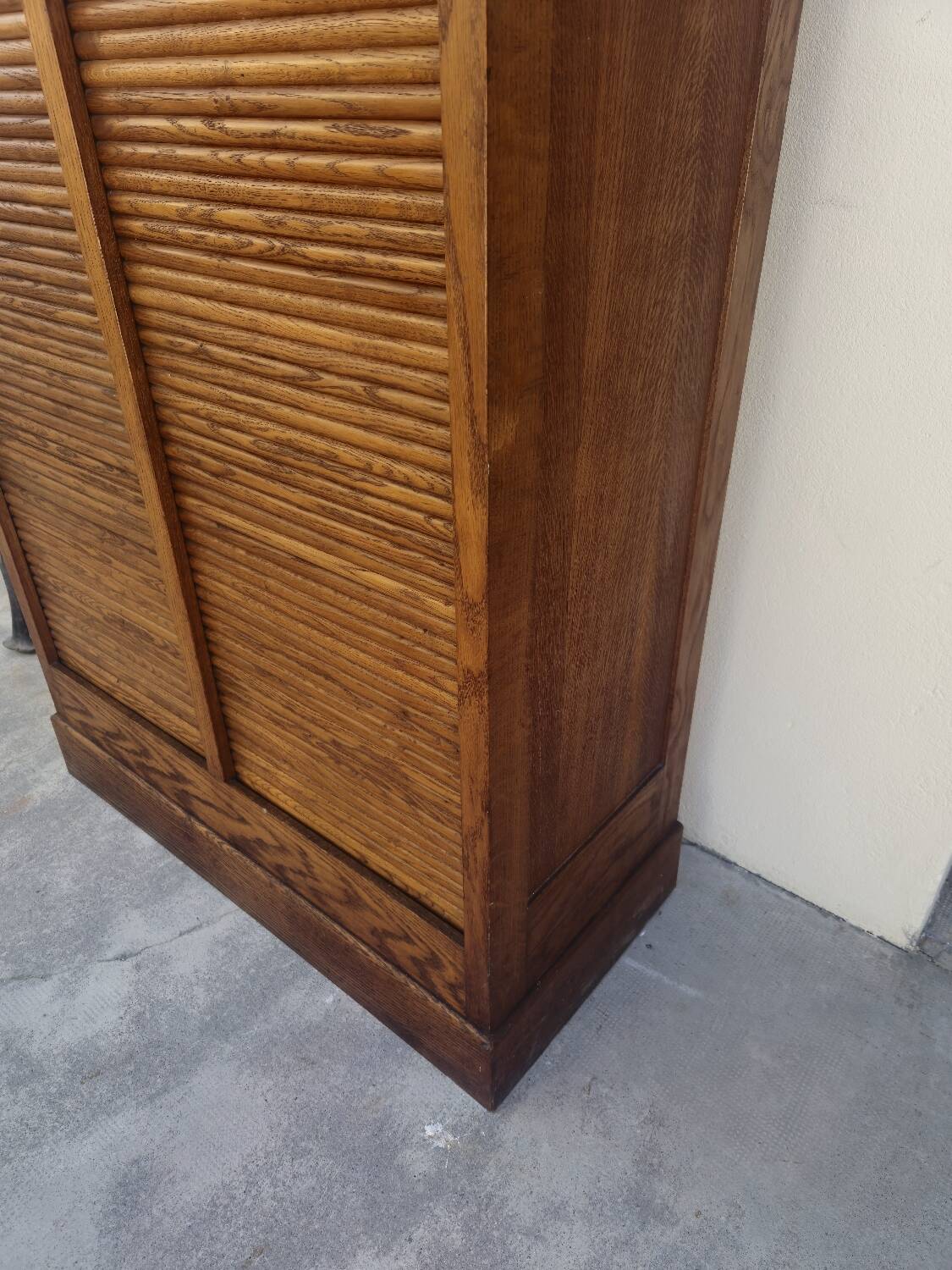 Antique 1950s double sliding door filing cabinet with curtains