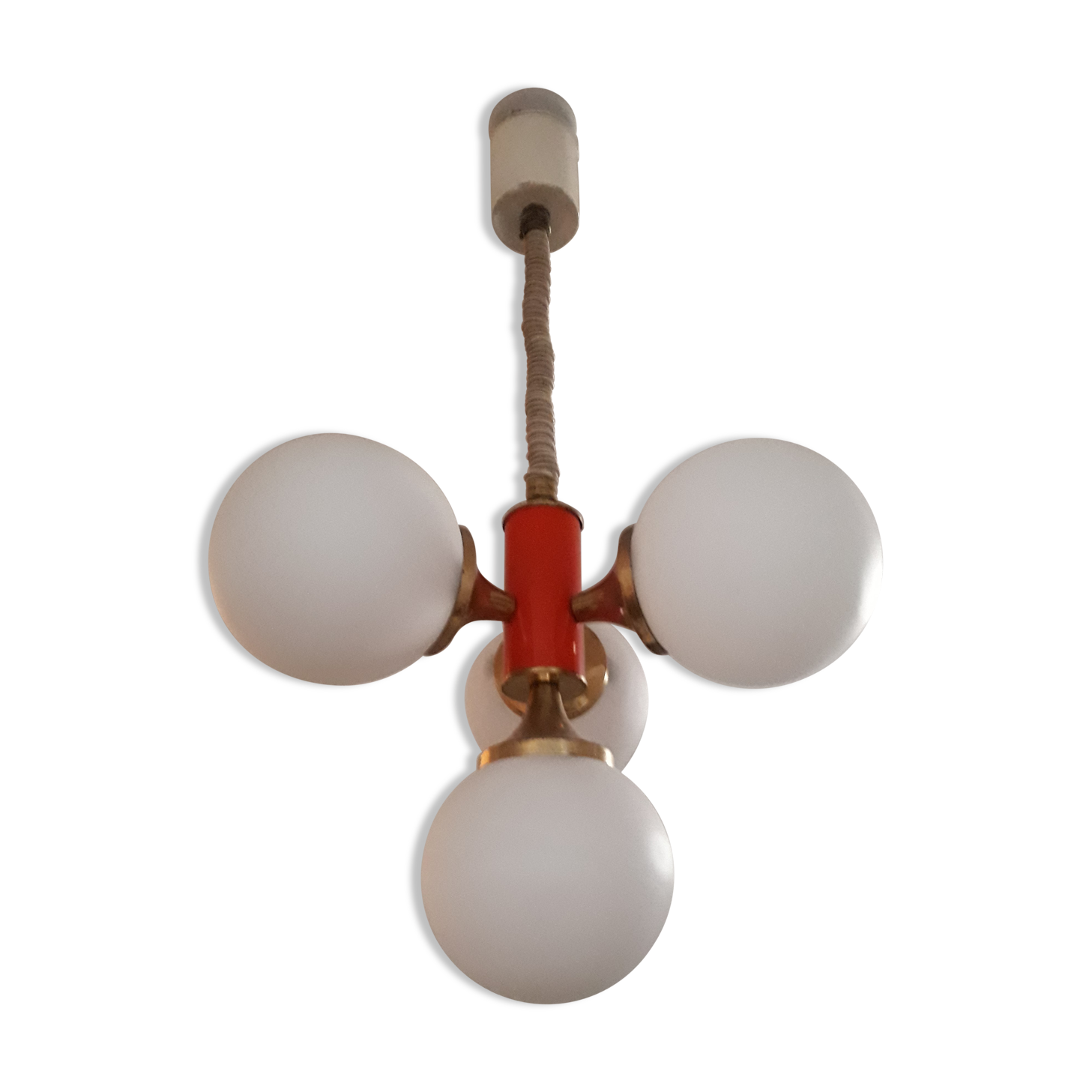 Chandelier 4 lights brass painted metal and opaline circa 1960