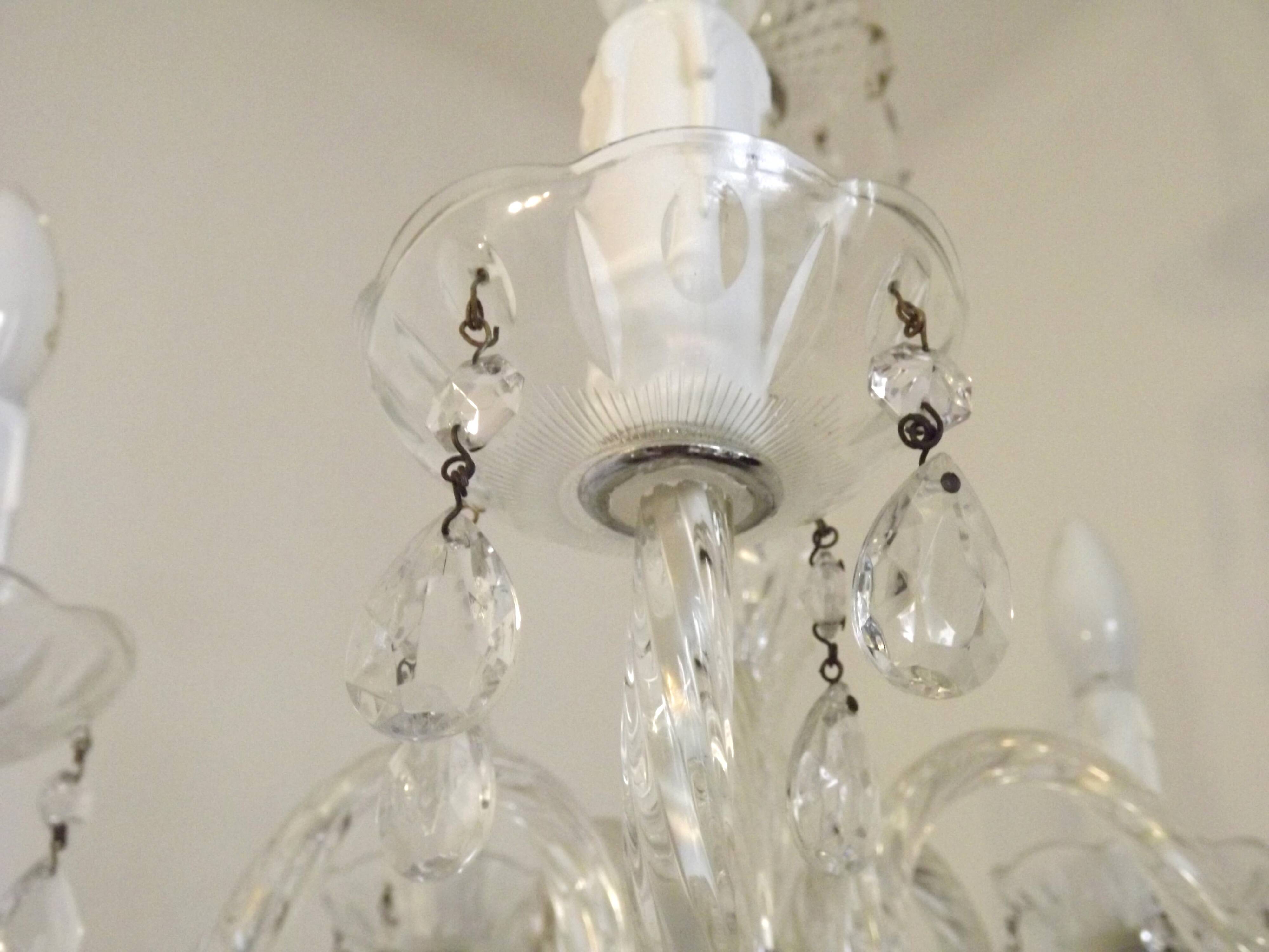 French Vintage  5 Light Barley Twist Glass and Crystal Chandelier