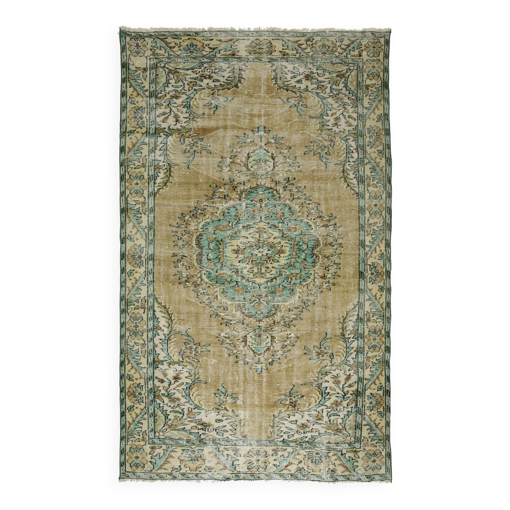 Vintage Turkish Carpet Floral Medallion Beige Green 280 x 166 cm