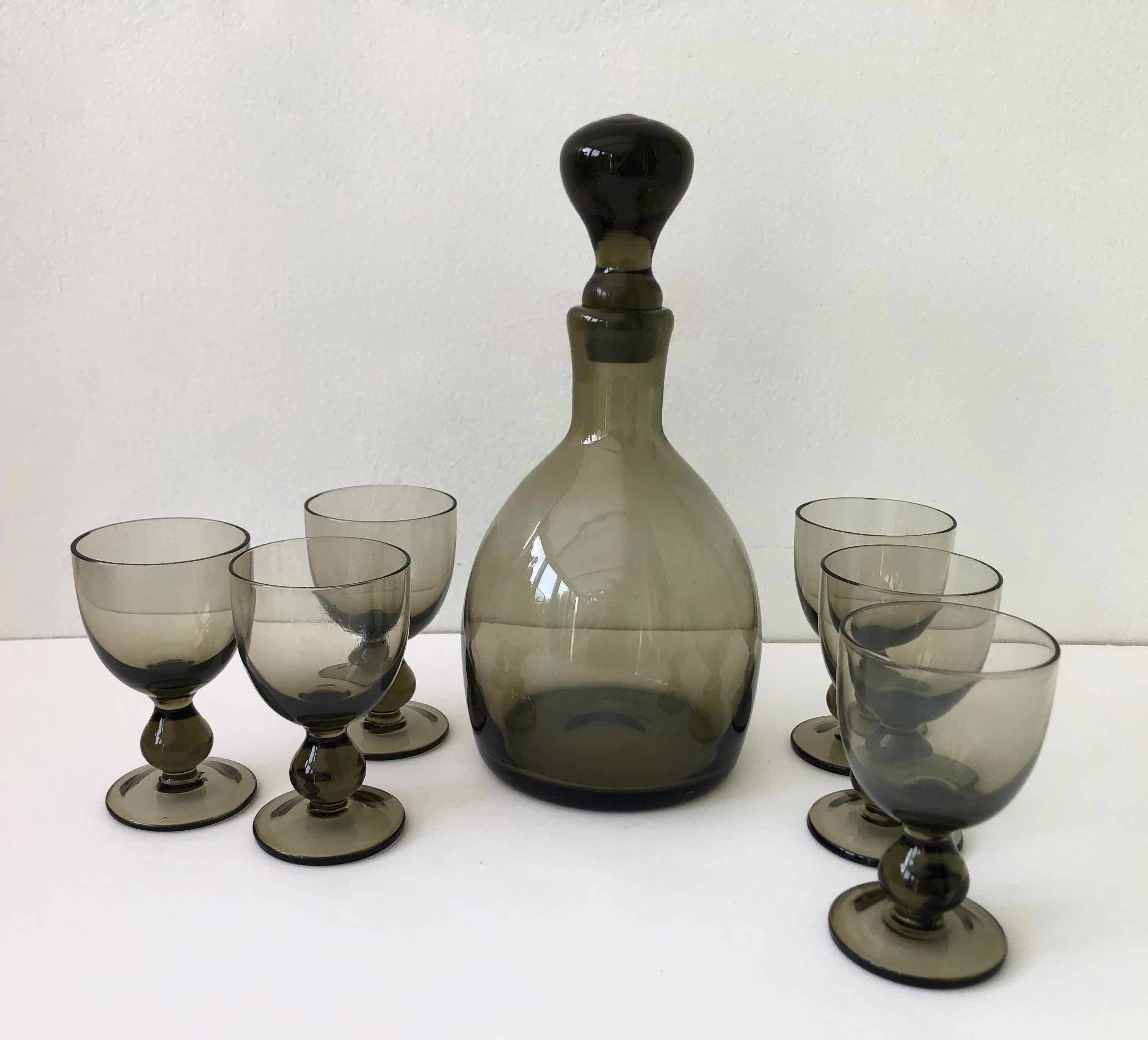 6 blown glass glasses and carafe 1960