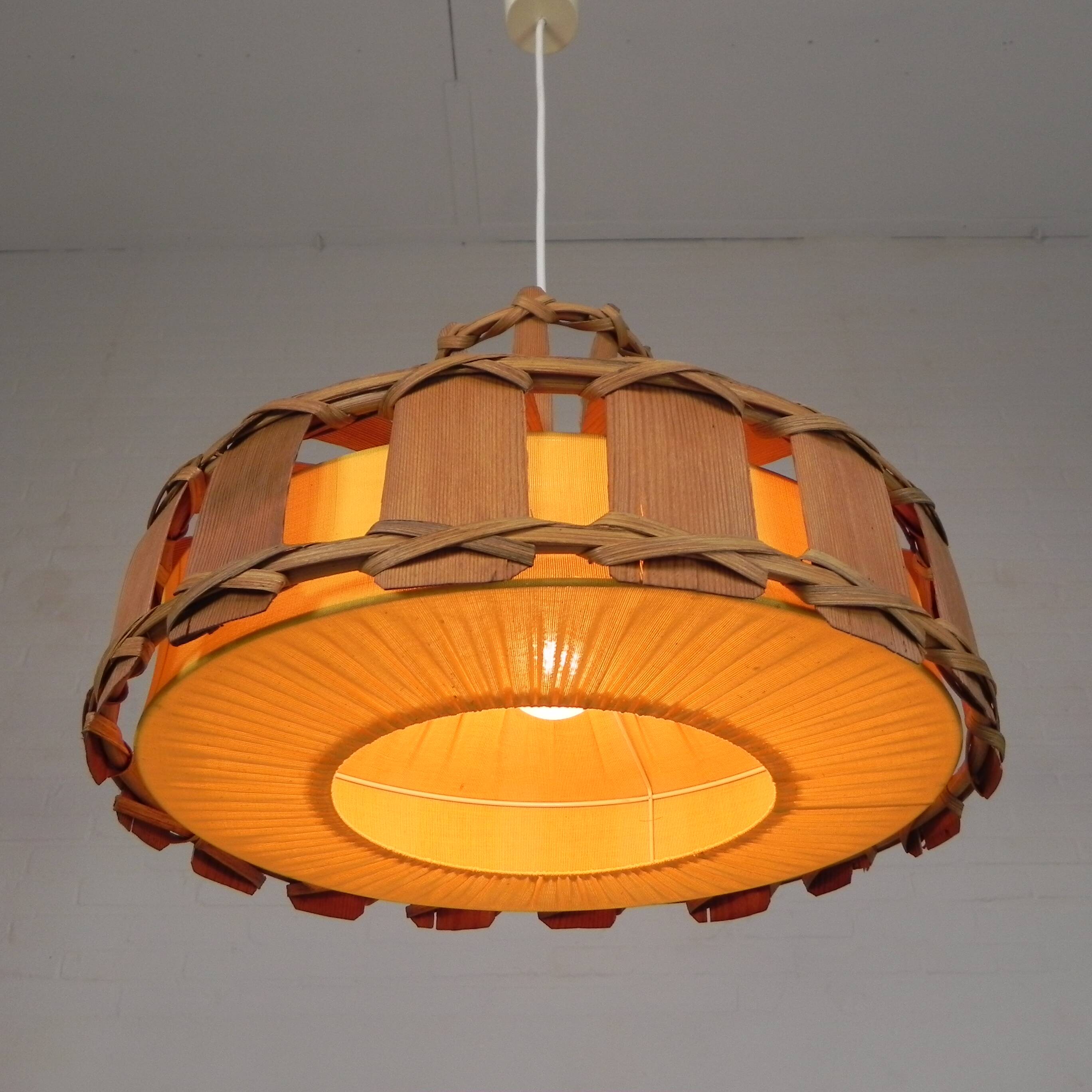 Vintage hanging lamp with rattan shade, palm leaf and fabric, 1970s