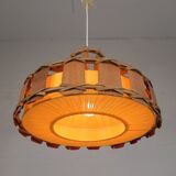 Vintage hanging lamp with rattan shade, palm leaf and fabric, 1970s