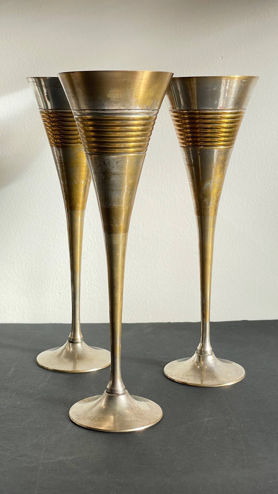 6 Vintage Silver-Plated Brass Champagne Flutes
