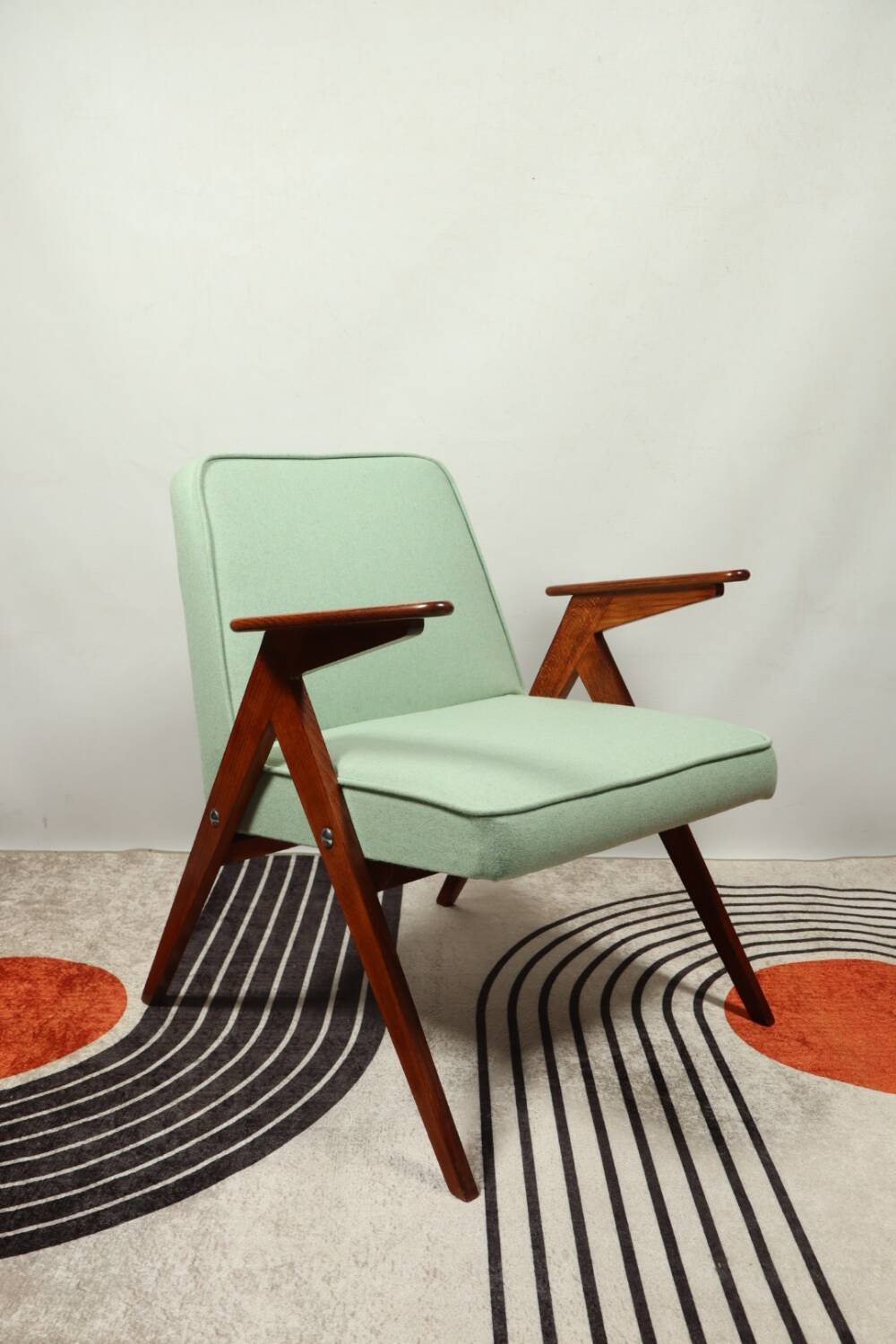 Vintage armchair in natural wool, Le vertu menthe, by Chierowski