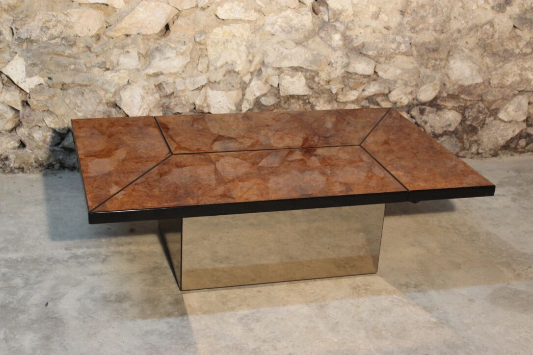 Coffee table, cocktail bar hidden in Elm Magnifier by Paul Michel, 1970 Roche Bobois