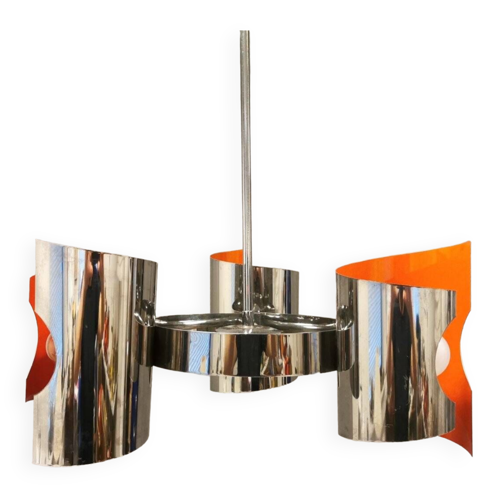 Hanging lamp in chromed metal with orange contrast lacquer and three light sources.