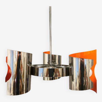 Hanging lamp in chromed metal with orange contrast lacquer and three light sources.