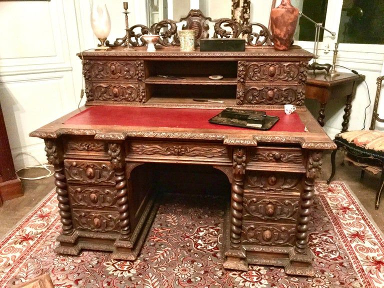 Hand-carved wooden desk in neo-renaissance style Henri II around 1870