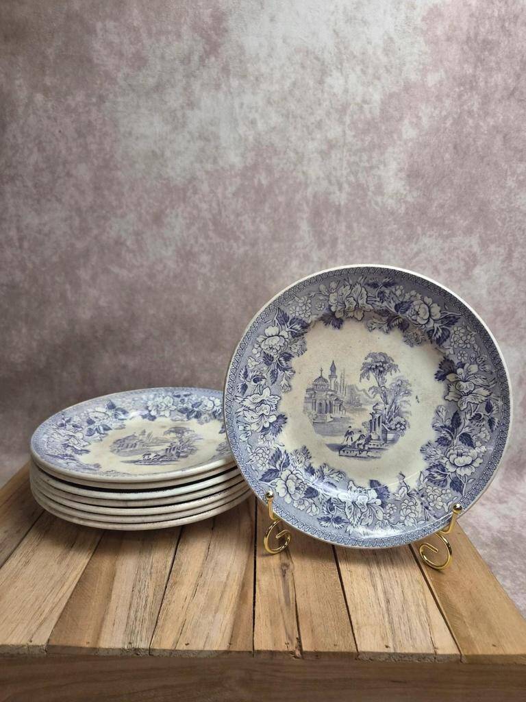 Set of 8 antique English dessert plates by J. Marshall & Co Bosphorus purple earthenware 19th century.