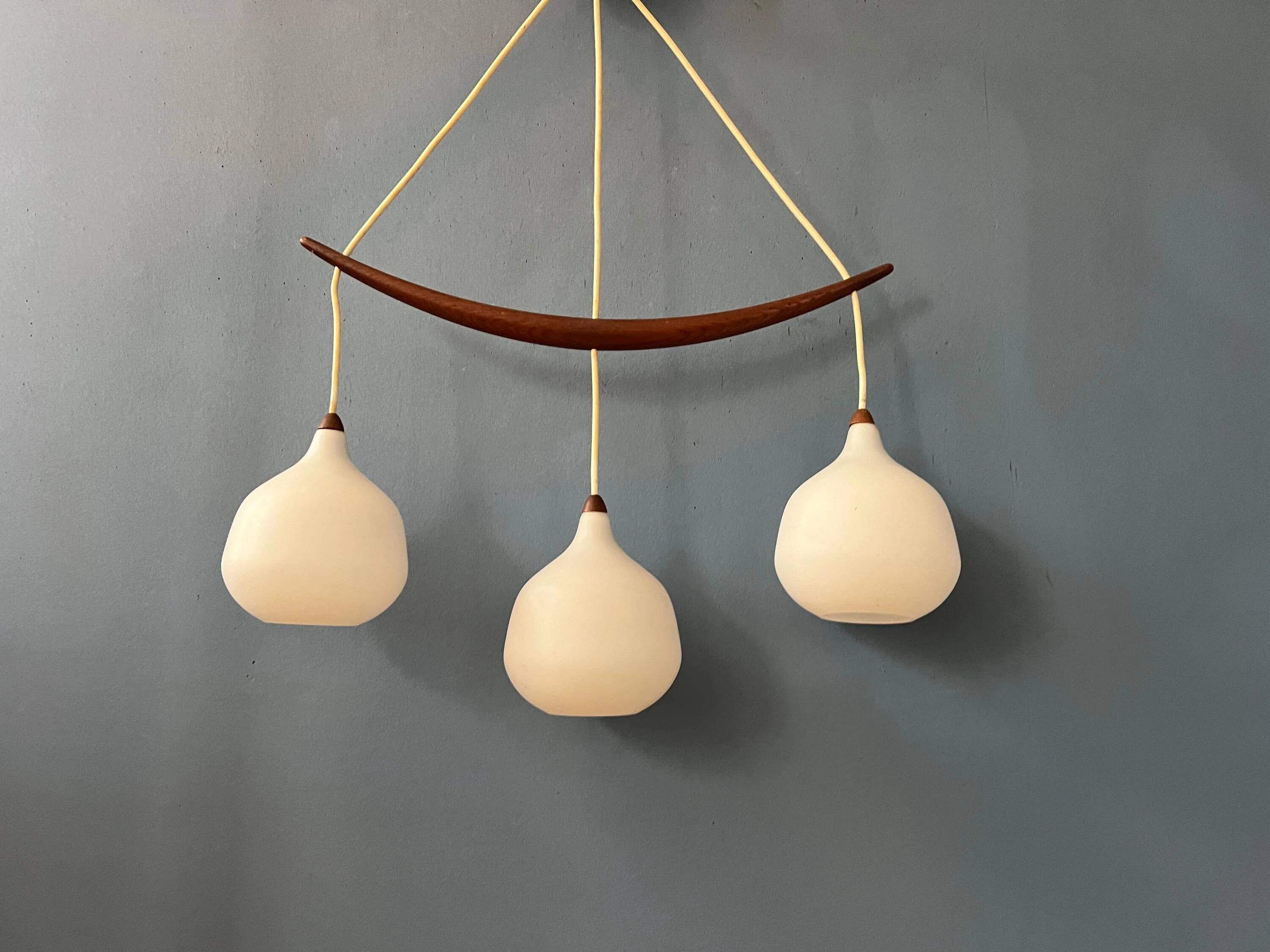 Teak wood and opaline glass chandelier 512 by Uno & Östen Kristiansson for Luxus, Sweden