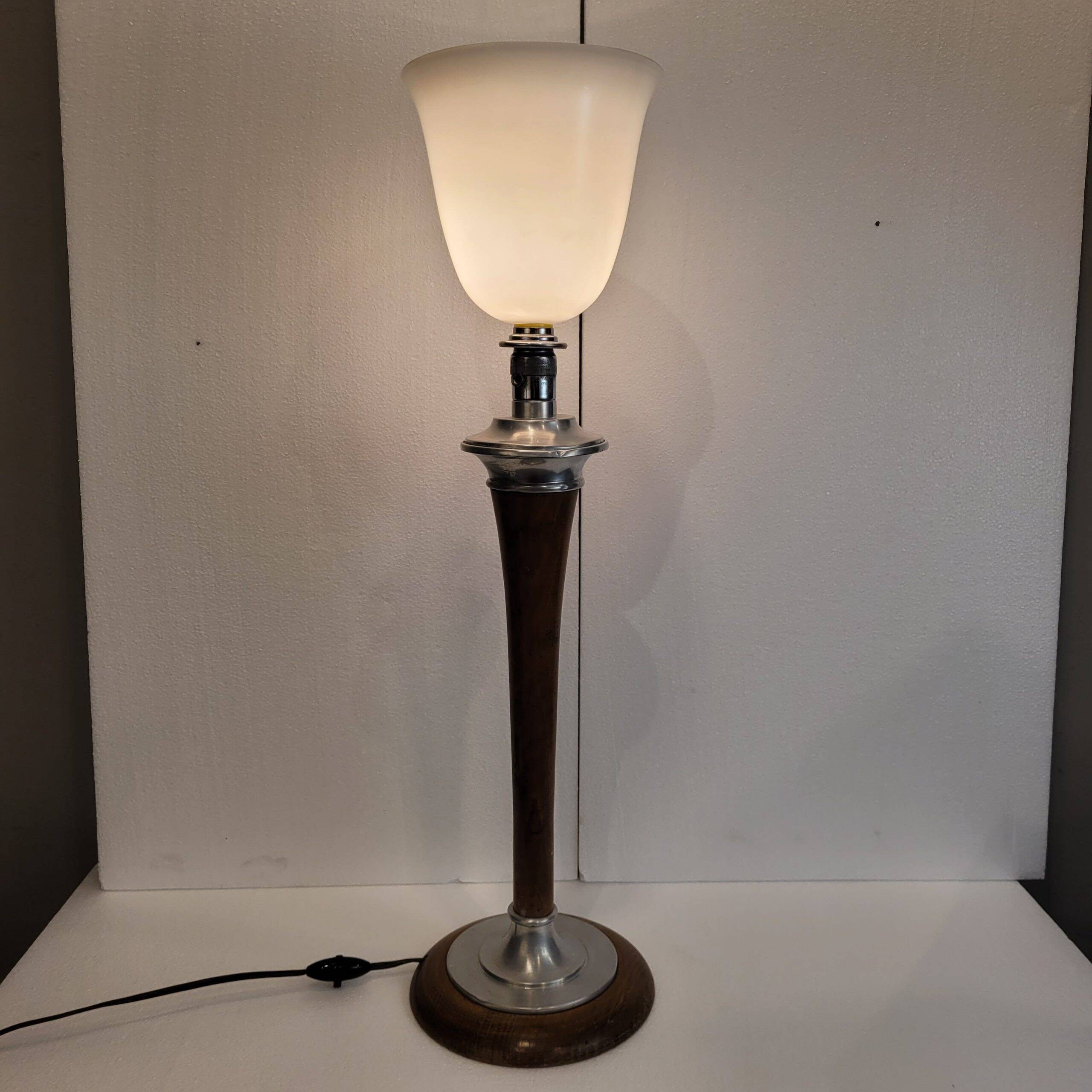 Lampe de table, bois et verre opalin, mazda, art déco, années 20 – france