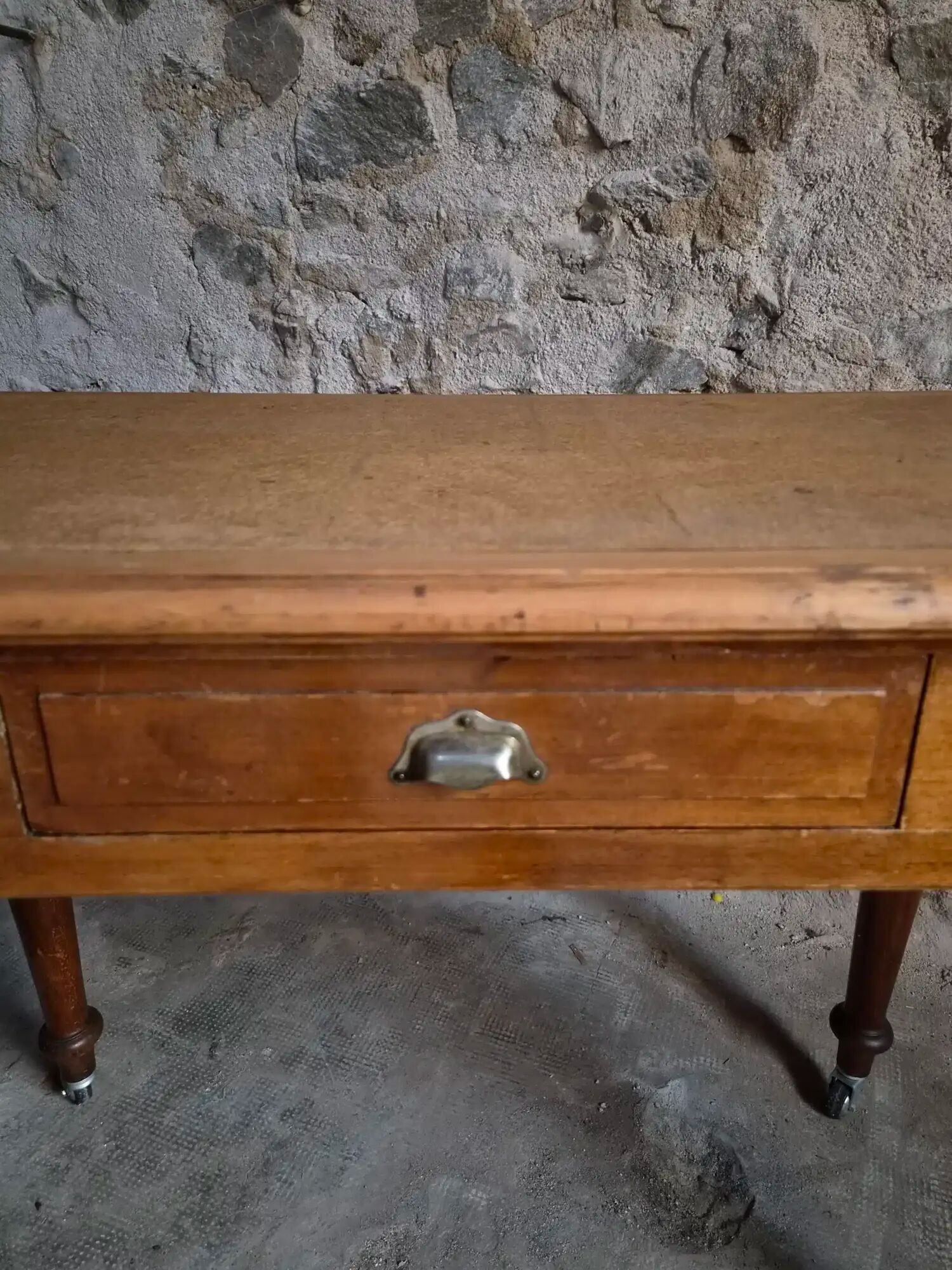 Vintage beech desk with a linoleum top and drawer.