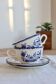 Old Lancaster cups and saucers in white earthenware with blue decoration.