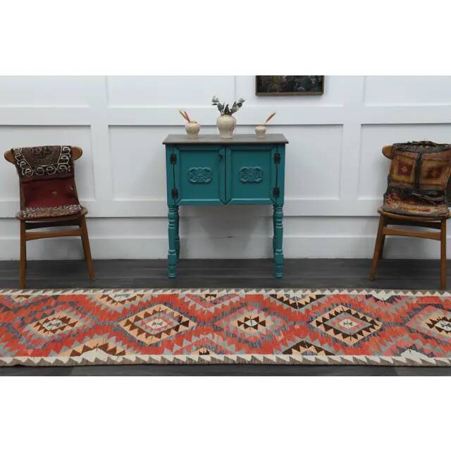 1970s Vintage Turkish Oushak Handmade Wool Cotton Pink Runner Rug 102x335