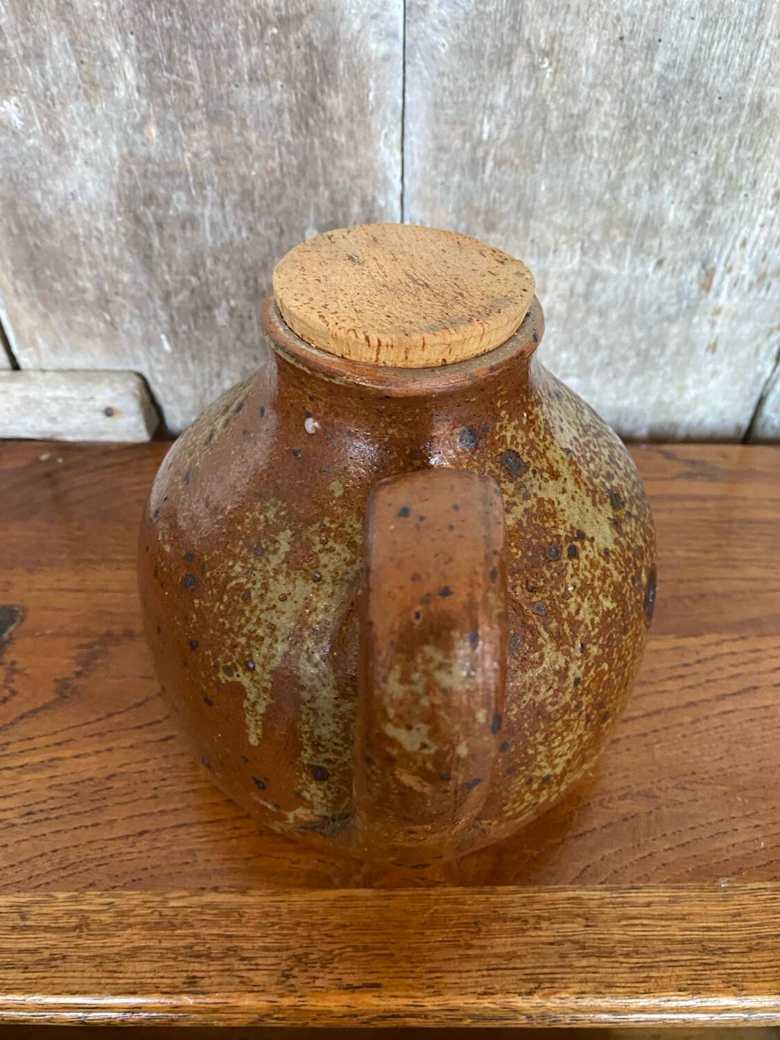 Antique brown beige pyrite stoneware teapot + vintage cork stopper