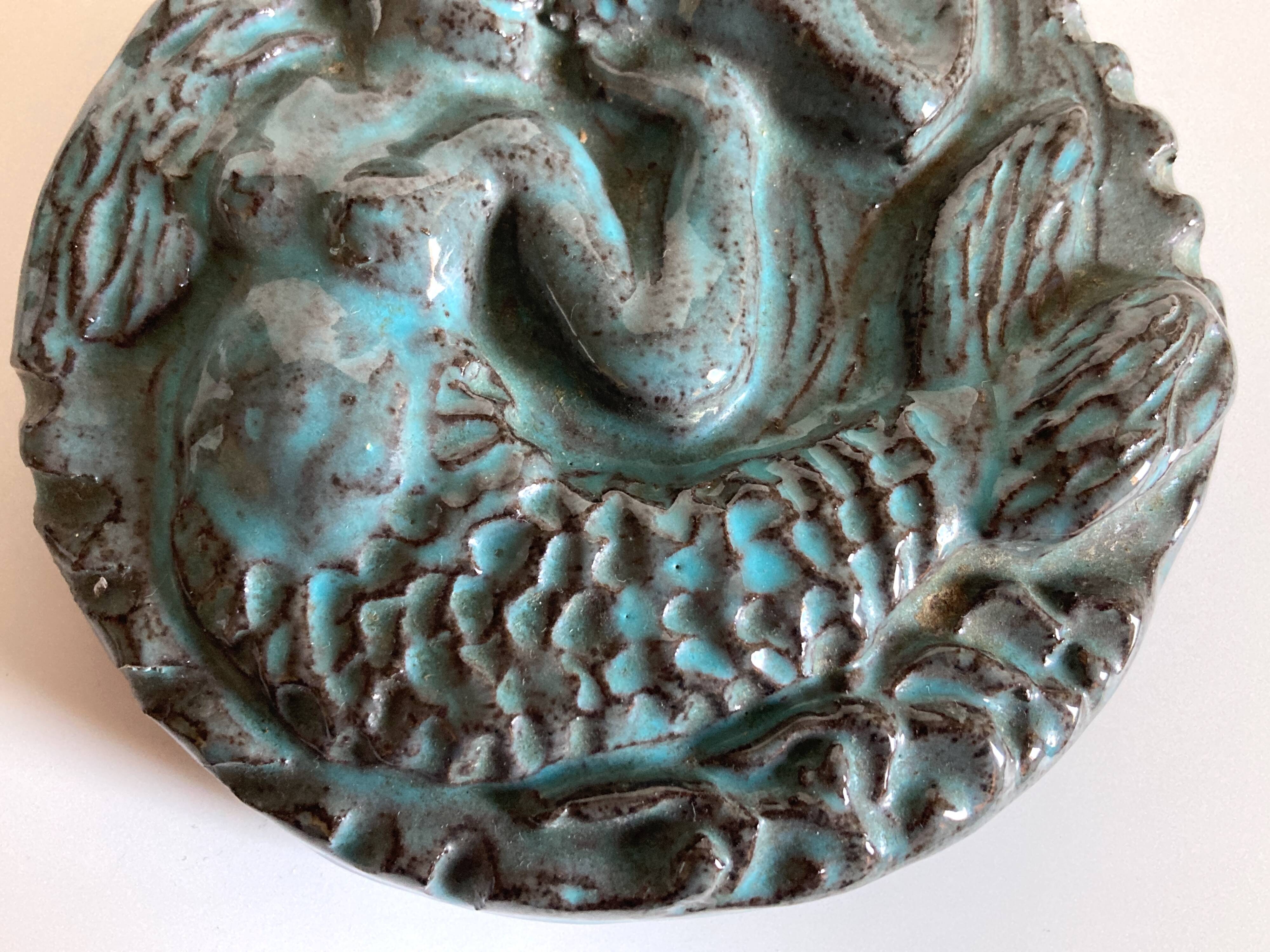 Green-blue enameled ceramic (stoneware) candy box with mermaid decoration, mid-20th century