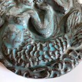 Green-blue enameled ceramic (stoneware) candy box with mermaid decoration, mid-20th century