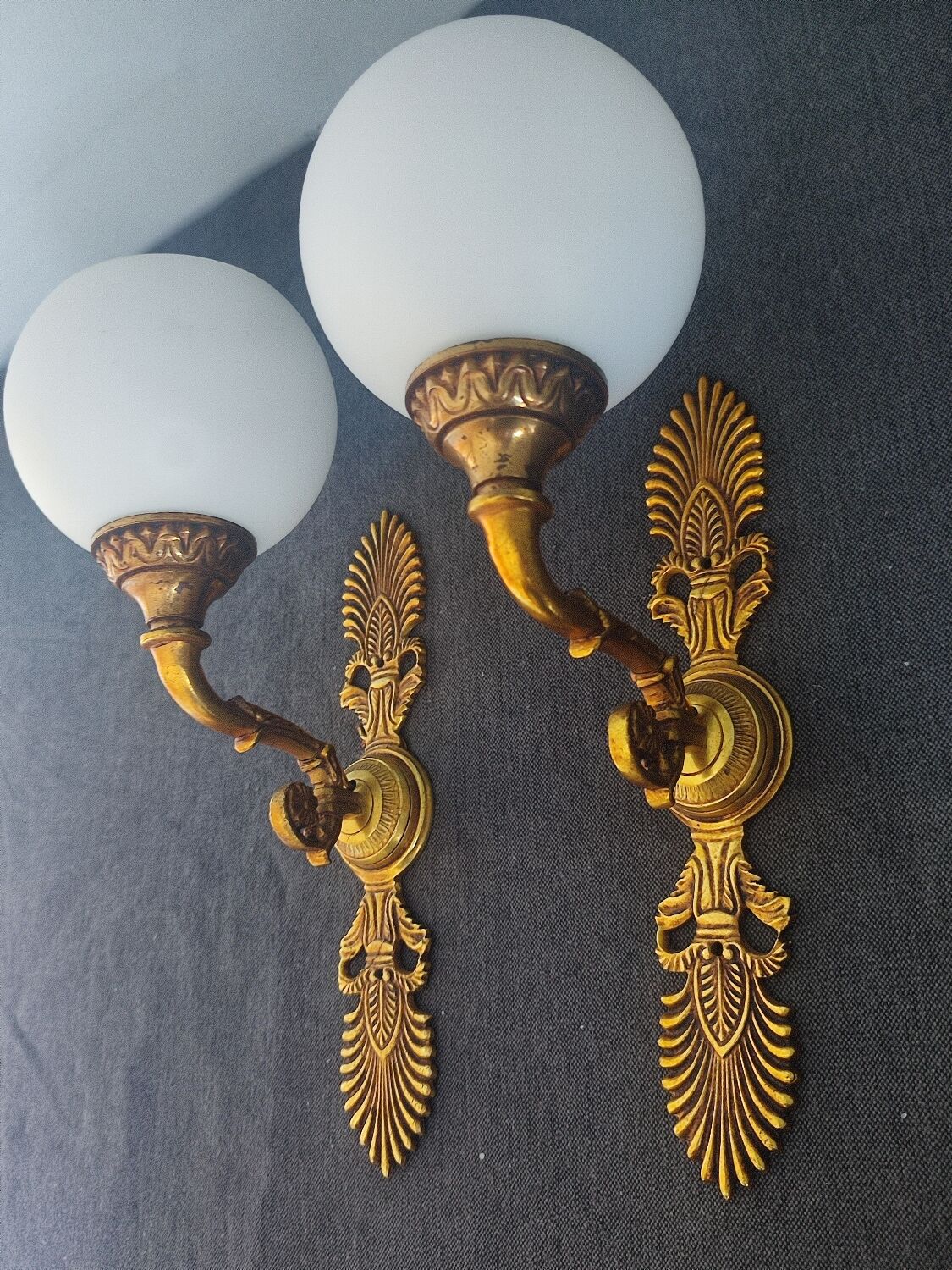 Pair of vintage brass and opaline wall lights