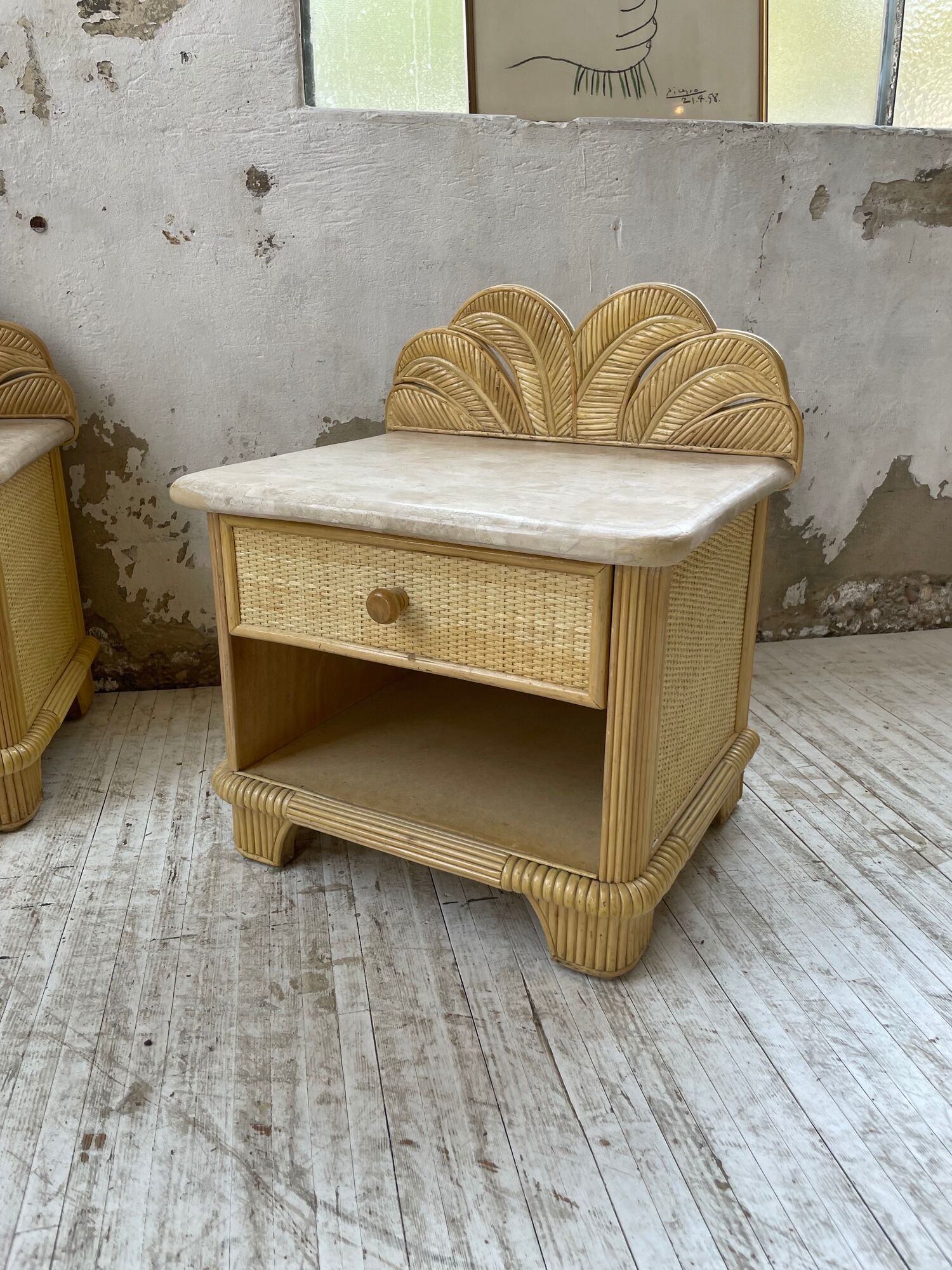 Pair of travertine bedside and rattan palm tree "vivai del sud"