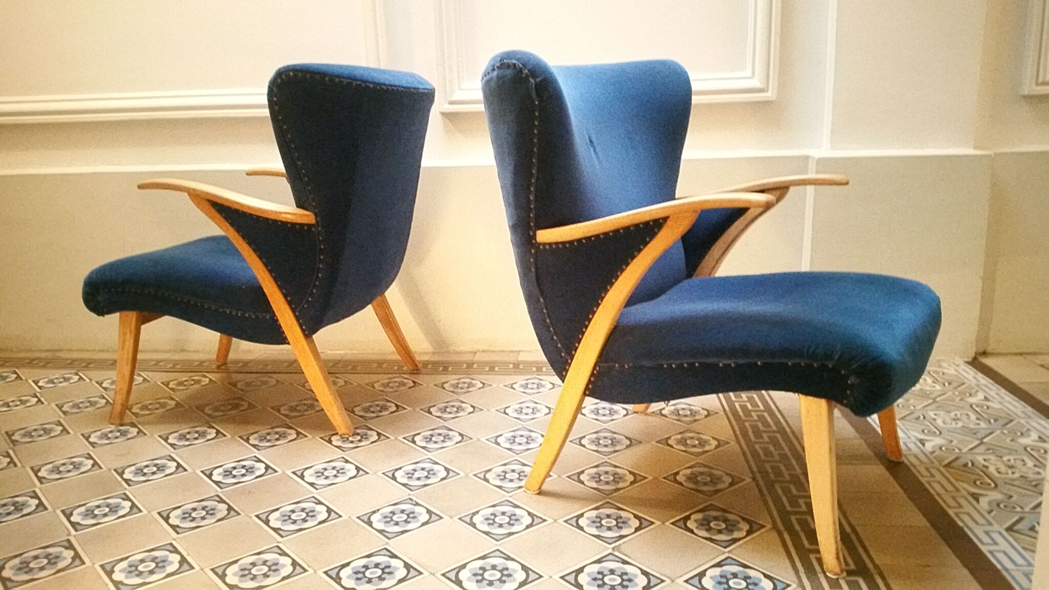 Pair of chairs Scandinavian wing stripes cocktail years 50 Blue