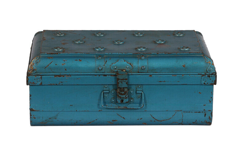 Indian travel trunk blue metal Victorian era