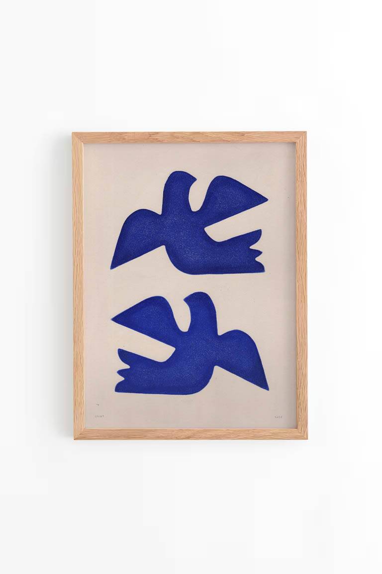 Painting 30x40cm blue birds on paper framed signed Eawy