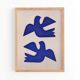 Painting 30x40cm blue birds on paper framed signed Eawy