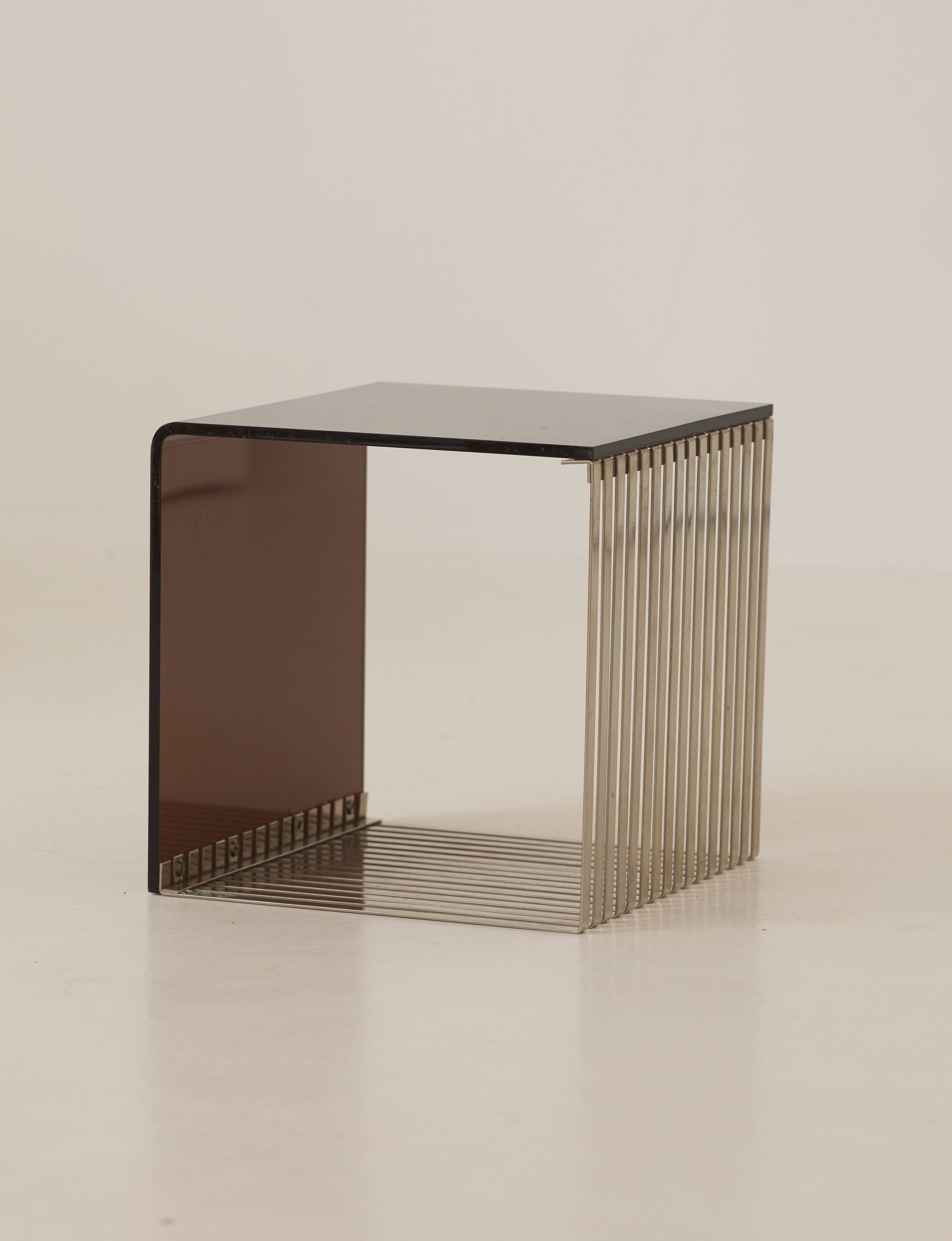 Side table, bedside table in plexiglass and chrome metal, around 1970.
