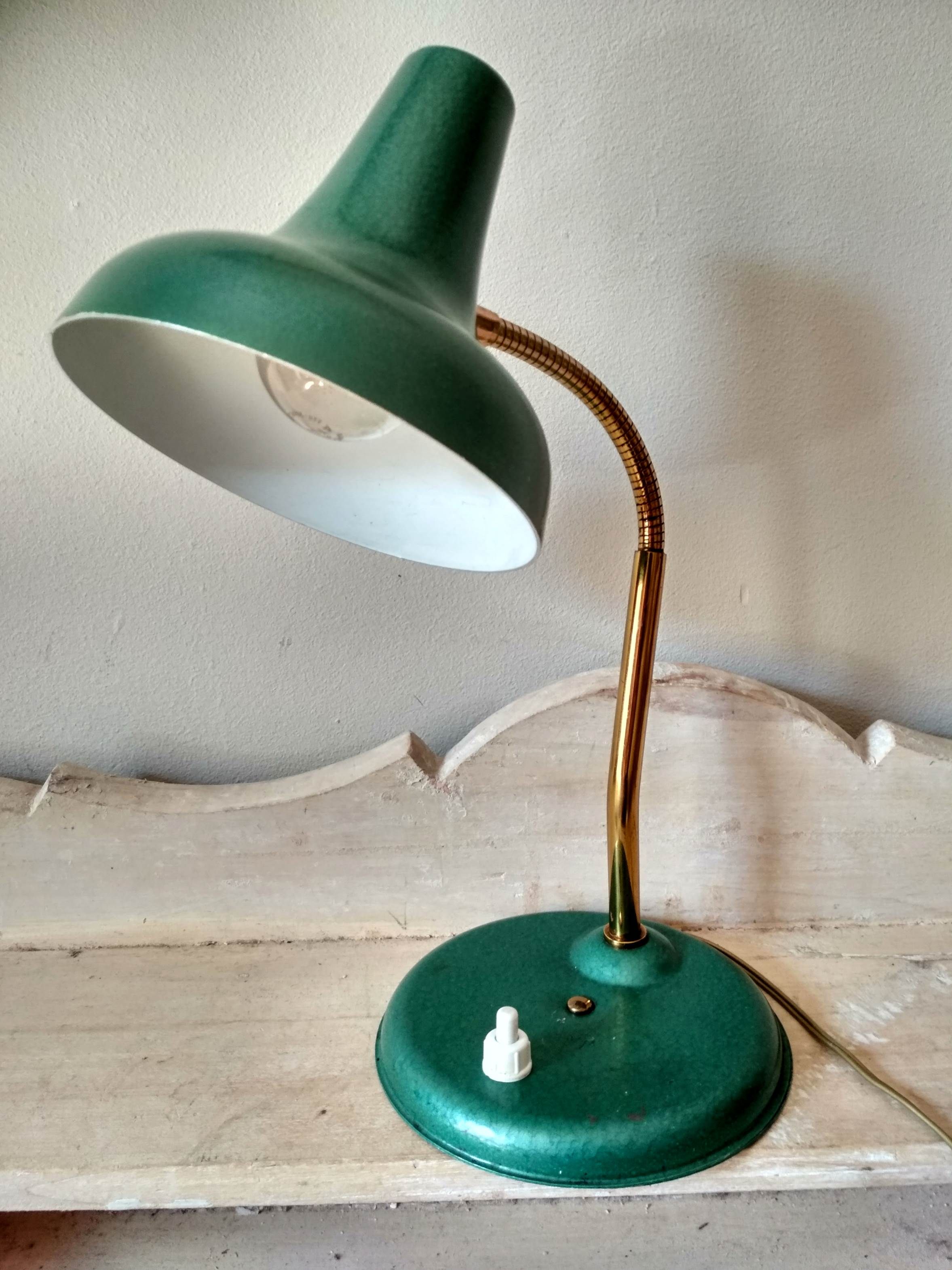 50's 50's green metal articulated desk lamp and golden flexible foot