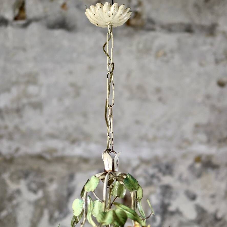 Large flower and leaf chandelier, hand-painted sheet metal, Italy, 1940s