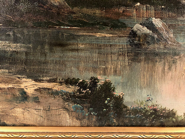 Oil on canvas, "Riverside at sunrise" signed J.Bain