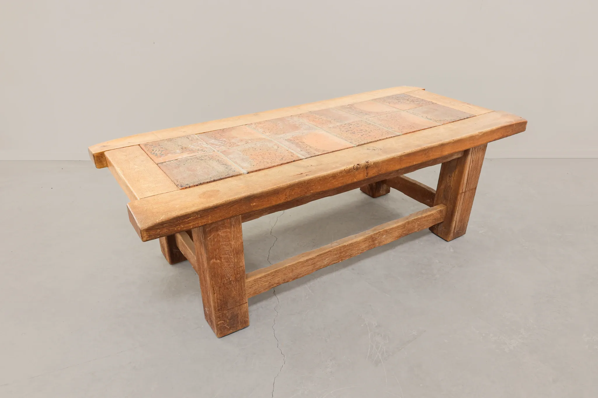 Brutalist Oak Coffee Table with Red Terracotta Tiles, 1950s