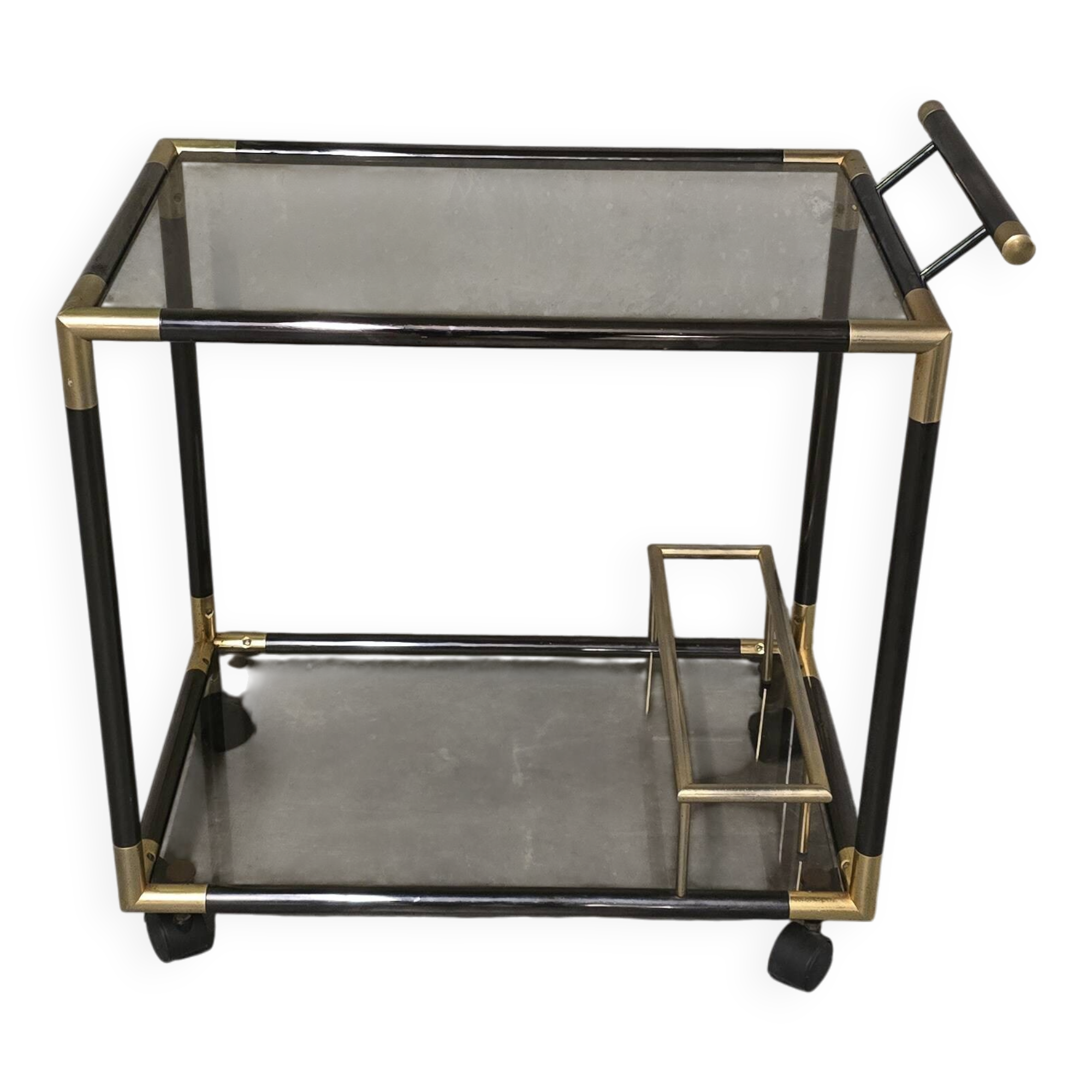 Black metal and brass rolling dessert trolley, smoked glass, 1970s.