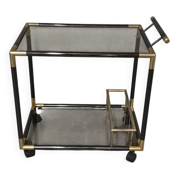 Desserte roulante en métal noir et laiton, verre fumé, années 1970