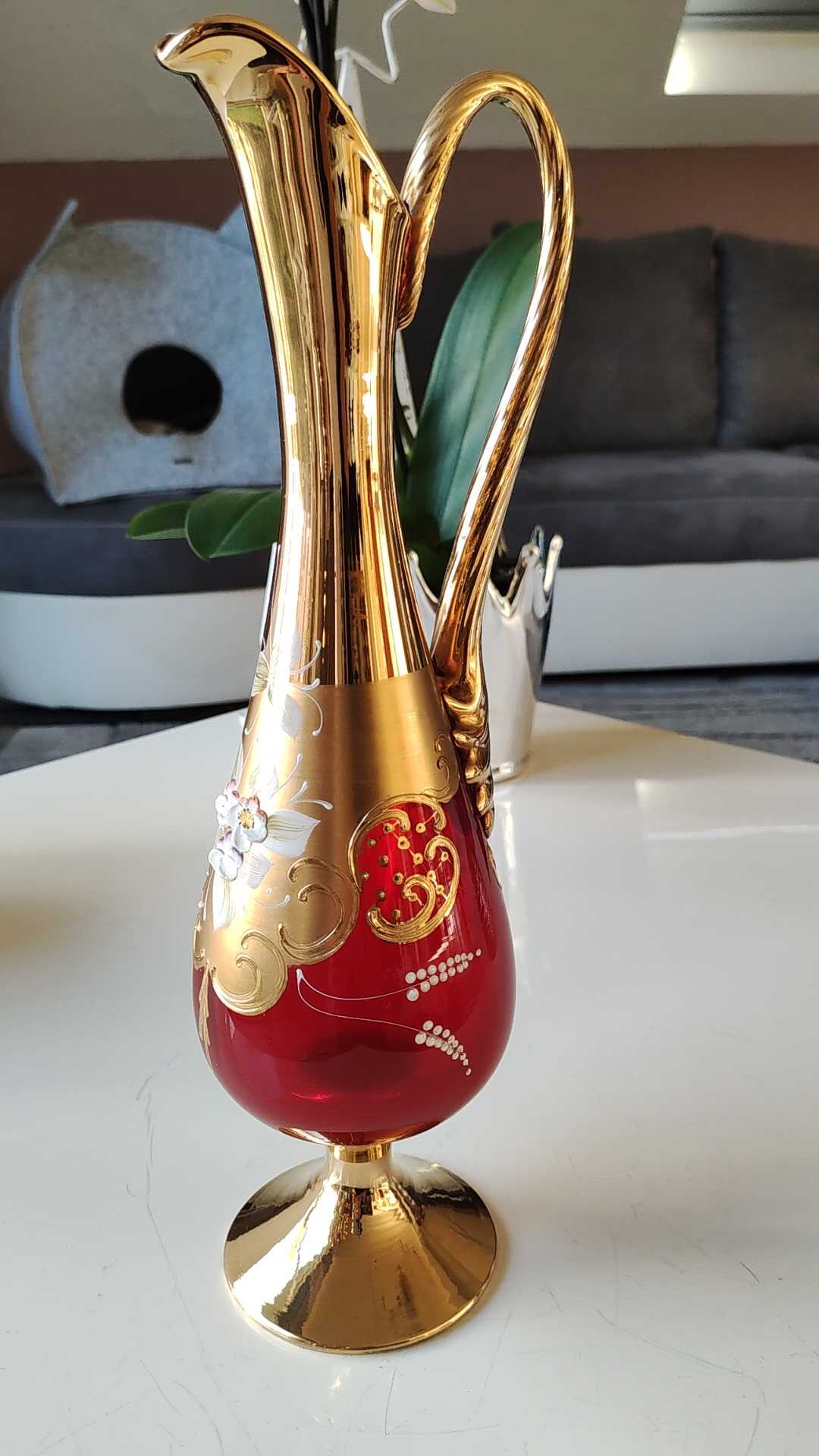 Vase/Ewer in blown Murano Art Glass/Trefuochi model, in ruby red & gold colours