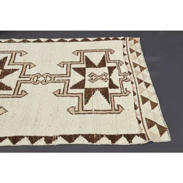1970s Turkish Hand-Knotted Wool Cotton Beige Runner Rug 112x340