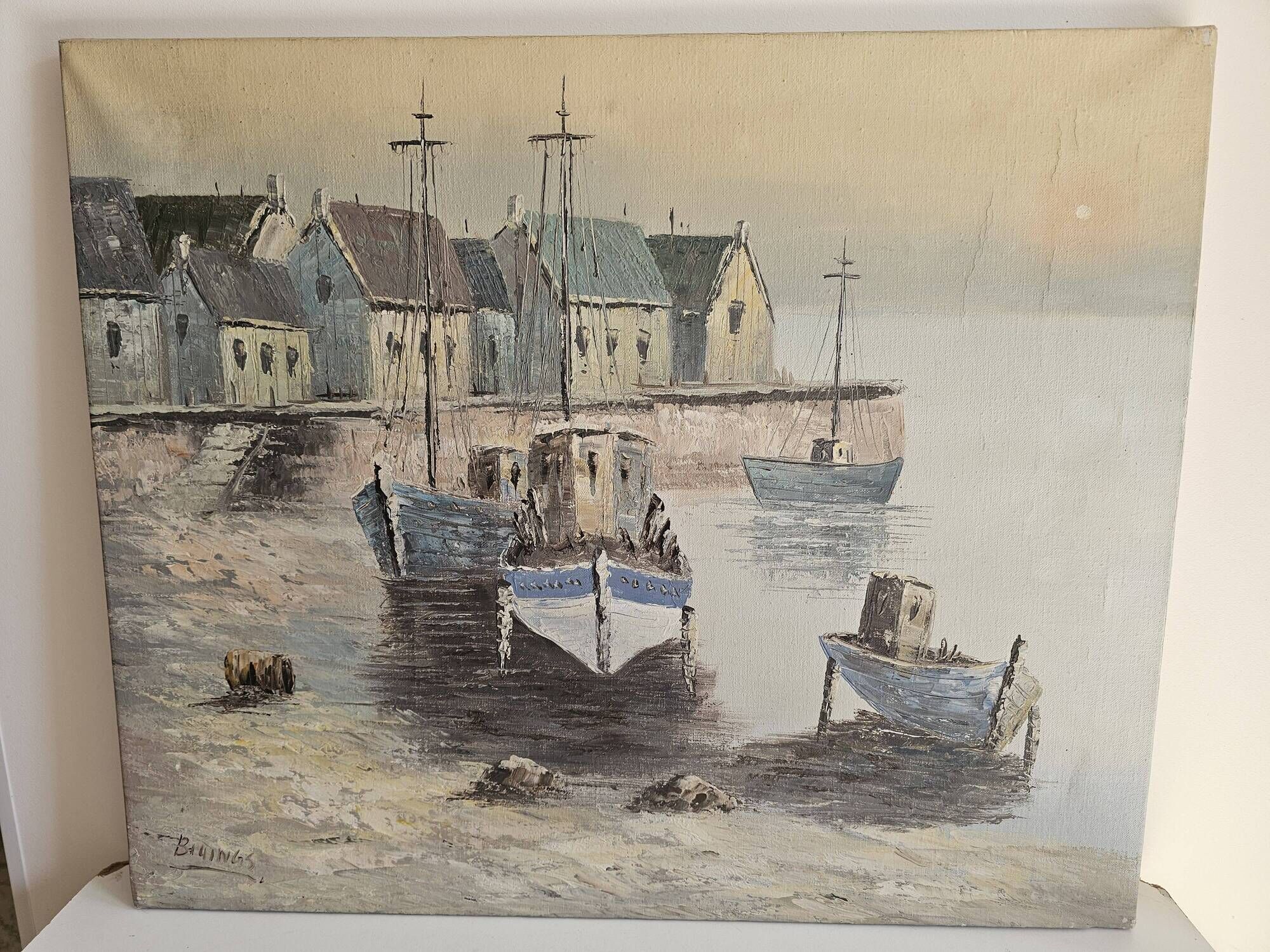 Oil on canvas - Marine, fishing port in a village signed Billings