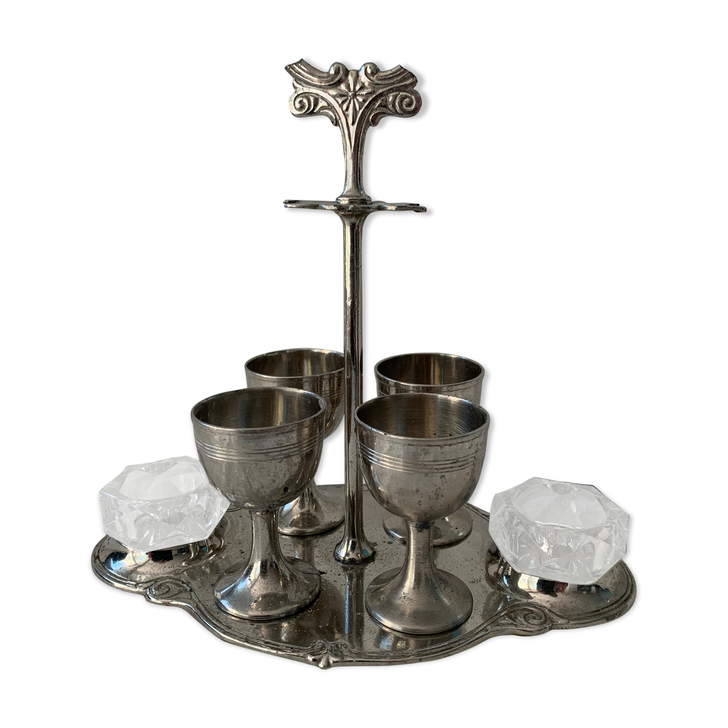 Old serving for boiled eggs with 4 metal cockroaches