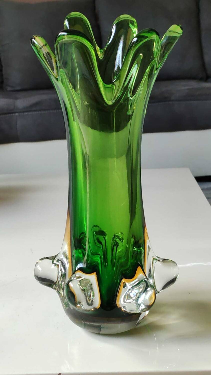 Murano/Flavio Poli vase. Blown art glass, green/amber tones. Organic floral shape. Height 28 cm