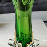 Murano/Flavio Poli vase. Blown art glass, green/amber tones. Organic floral shape. Height 28 cm