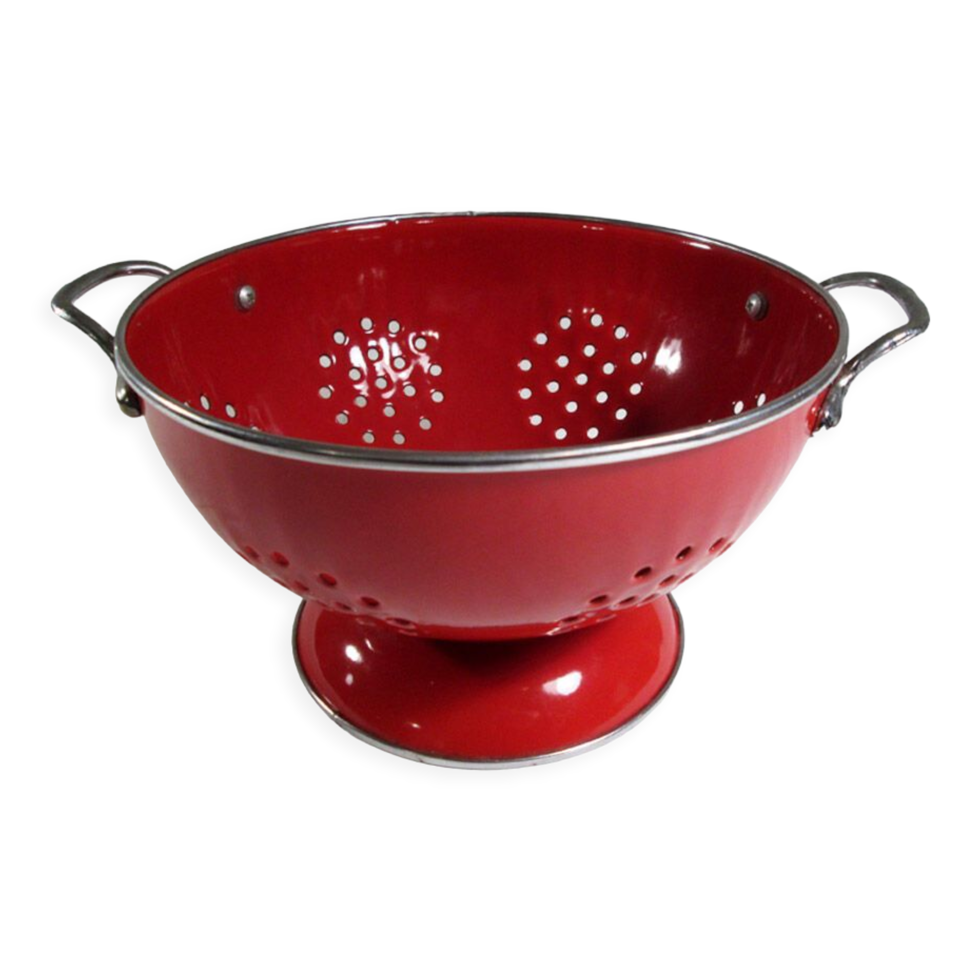 Colander on foot in red enamelled metal