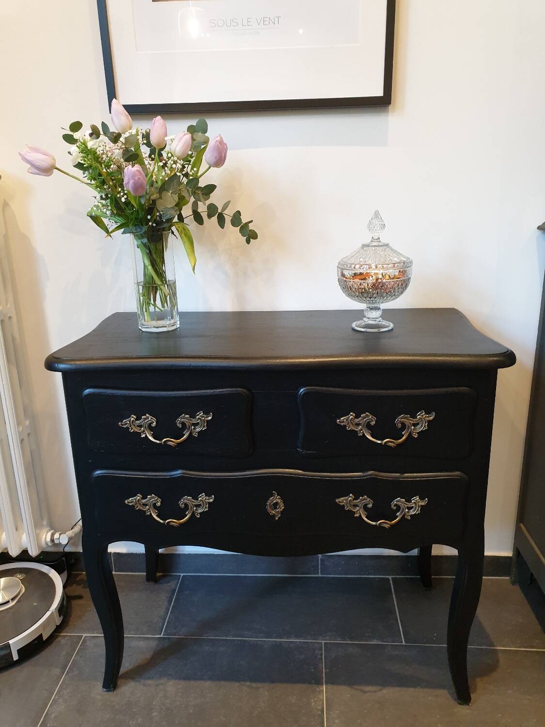 Stamped black Louis XV chest of drawers