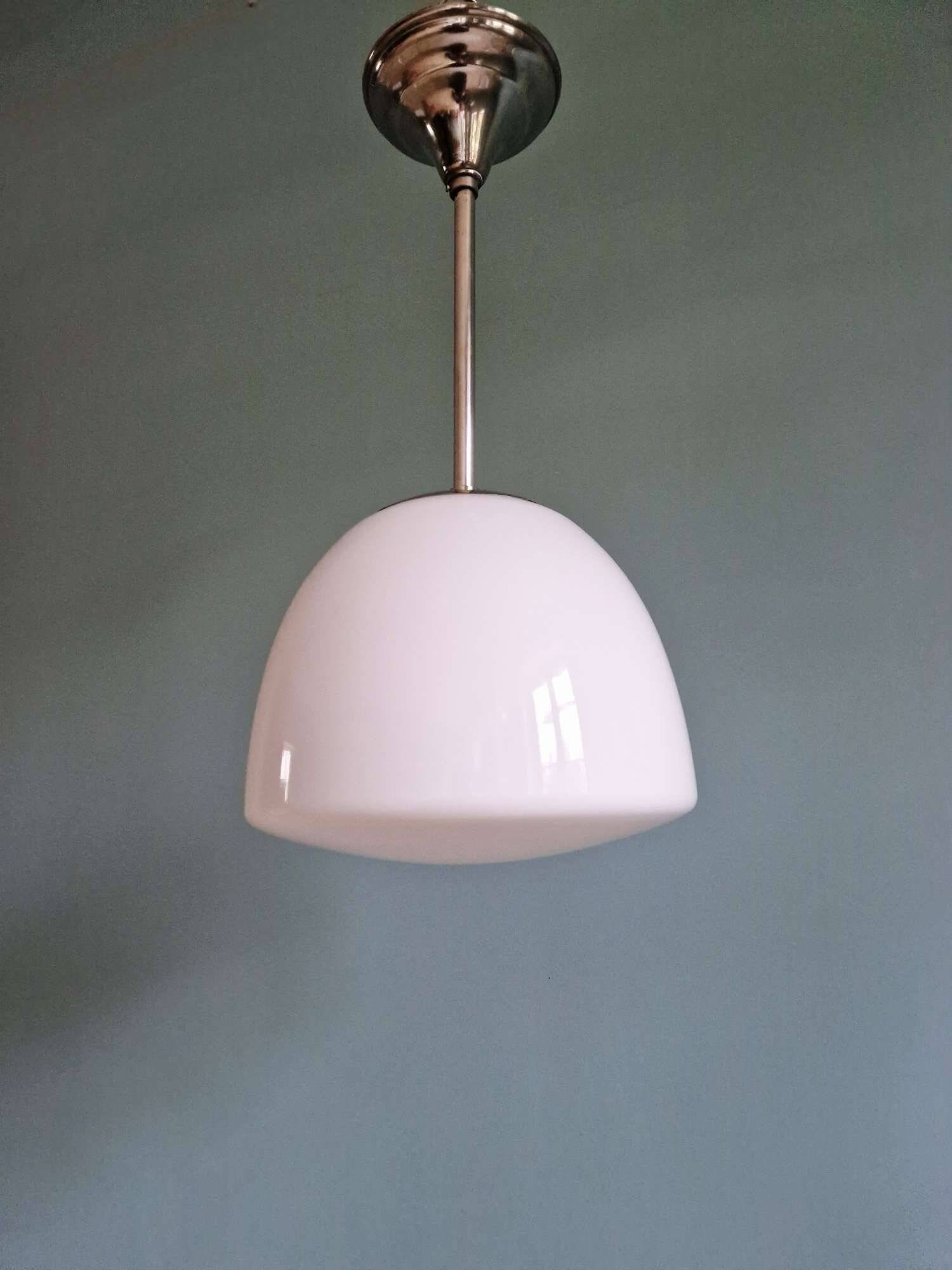 Art Deco pendant light in white opaline glass with chrome frame, 1920-30
