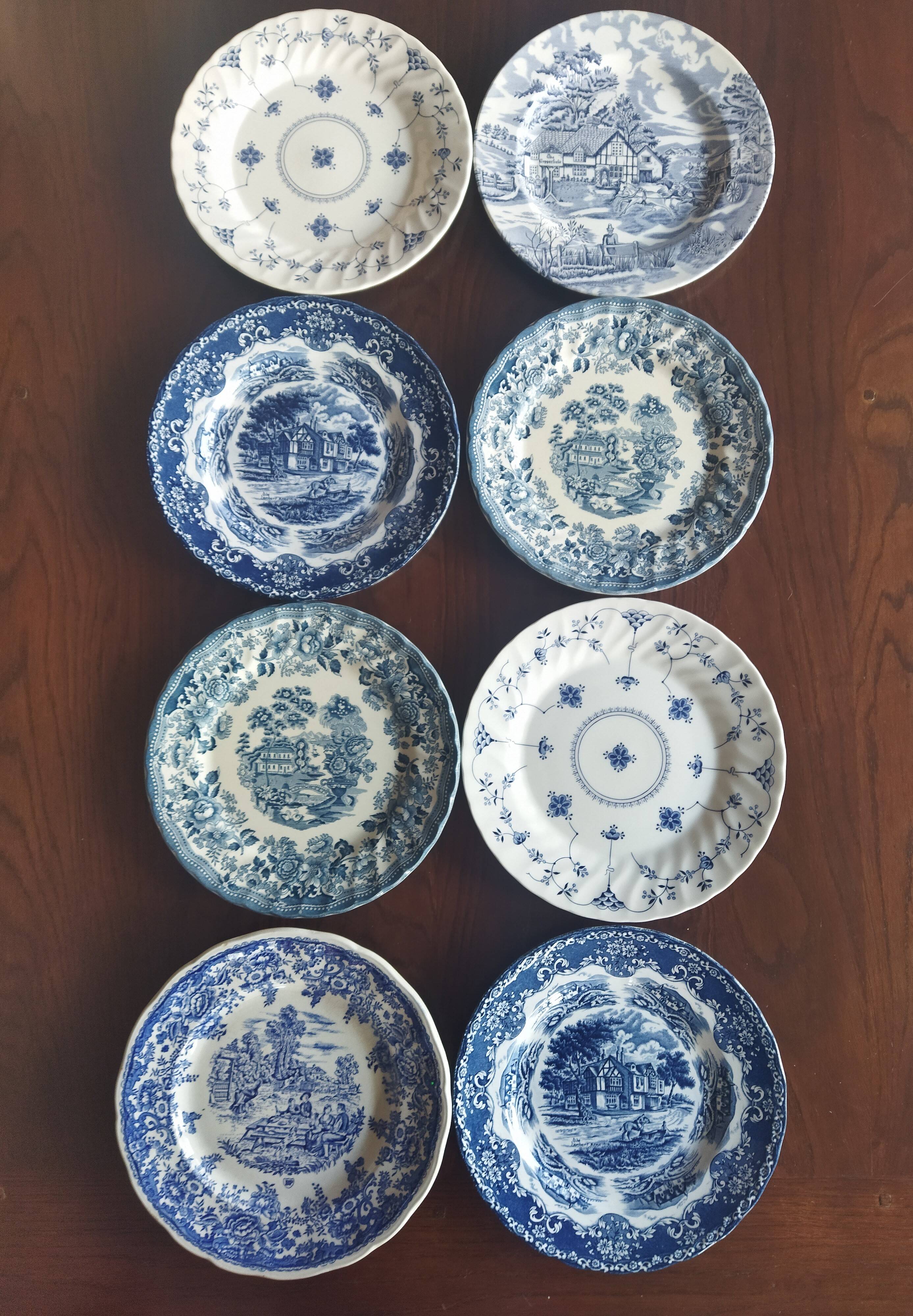 8 blue & white English dinner plates (Myott Meakin WH Grindley KG Luneville)
