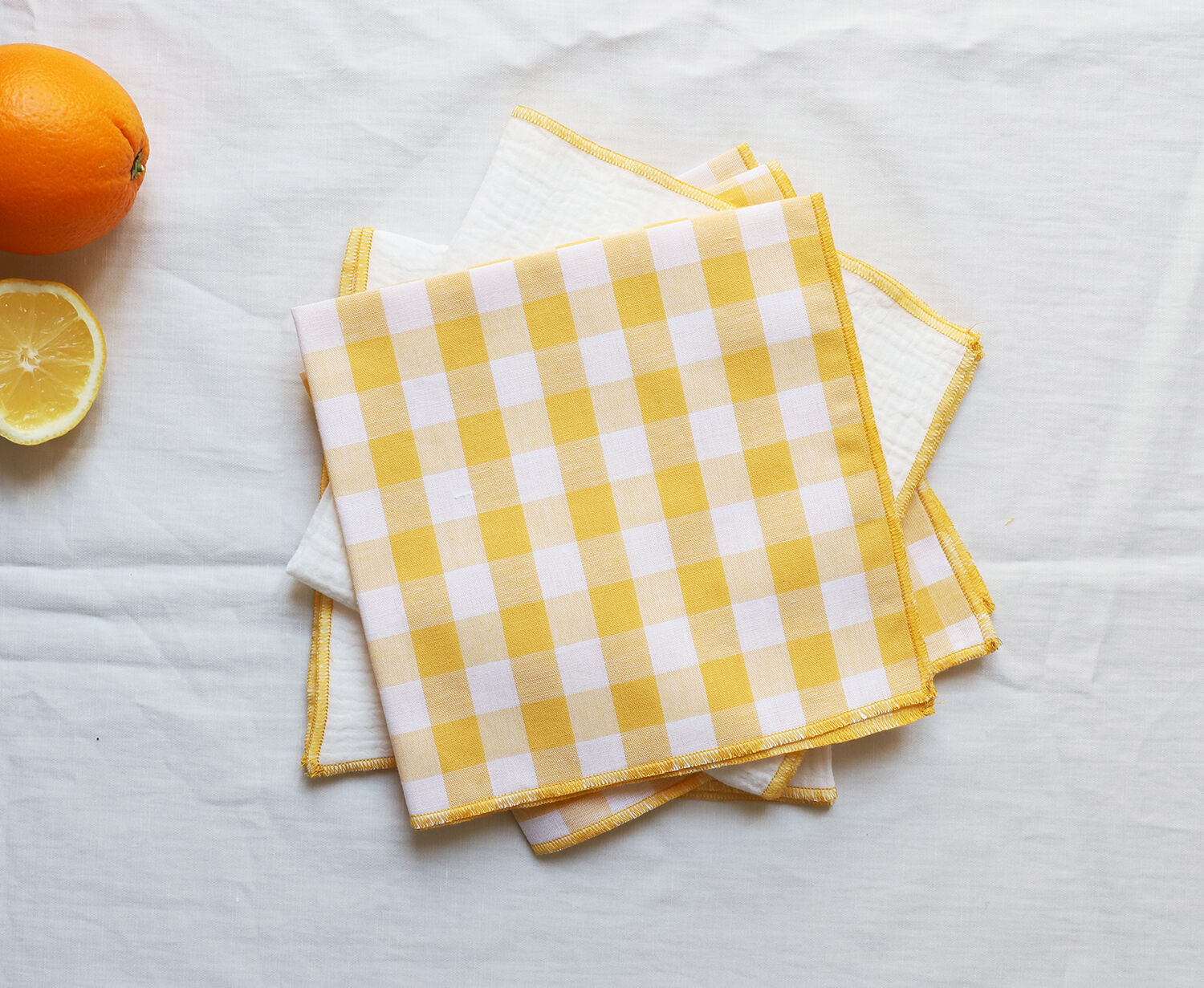 Set of 4 yellow vichy towels & white cotton gas