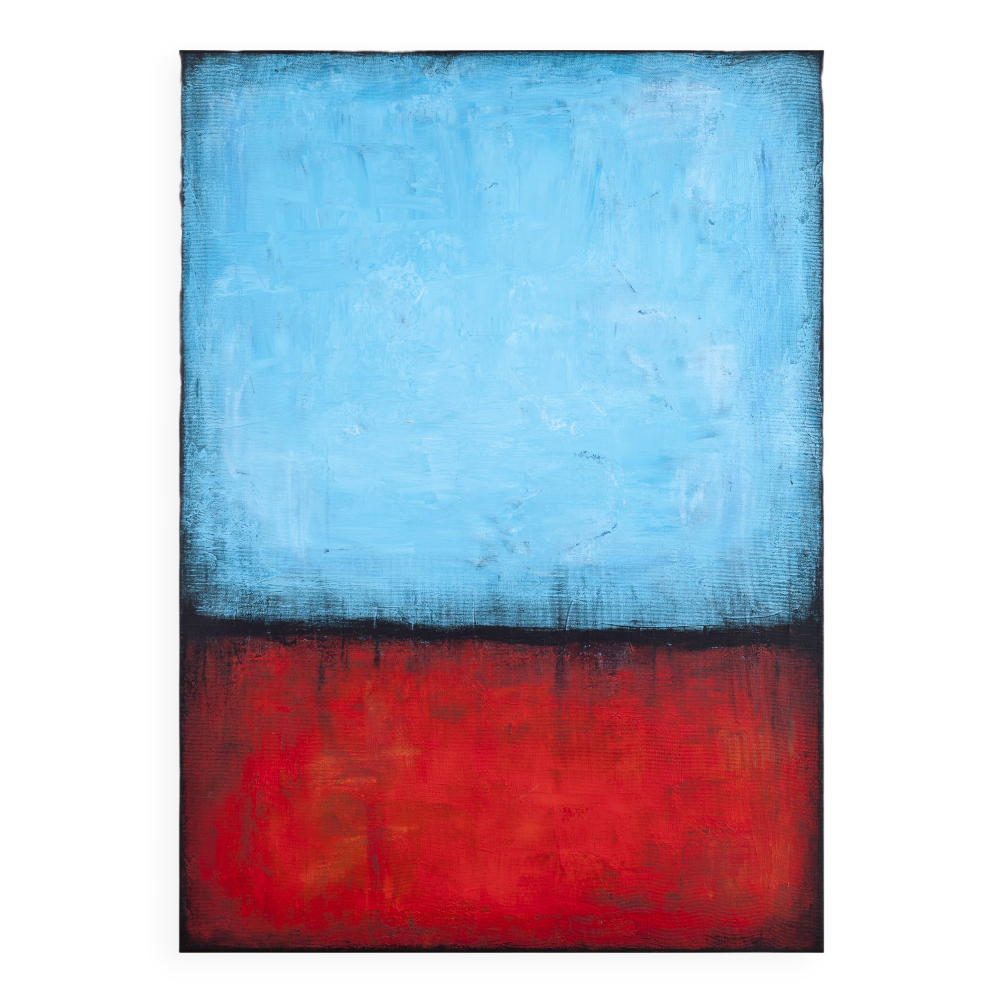Blue and Red original minimalist abstract modern painting, stretched canvas