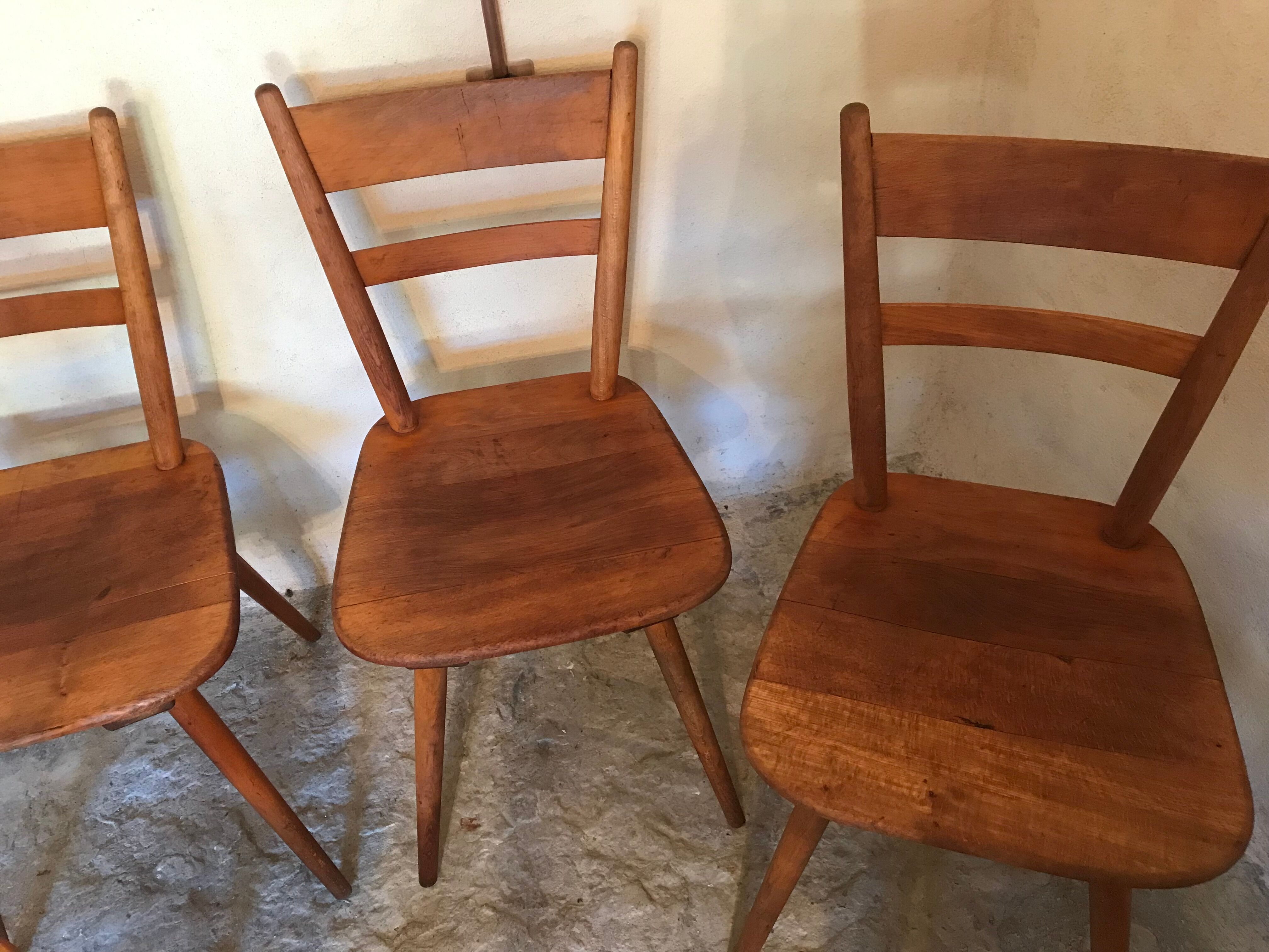 Set of 6 vintage solid wood chairs with compass legs 1960's